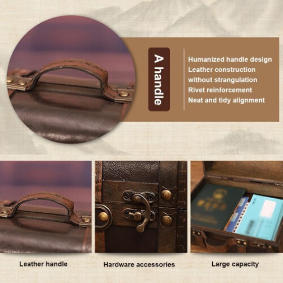 ヴィンテージ木製スーツケース – アンティークレザー装飾収納ボックス、小型パイレーツトレジャーチェスト、撮影小道具・アクセサリー・本用、ブラウン